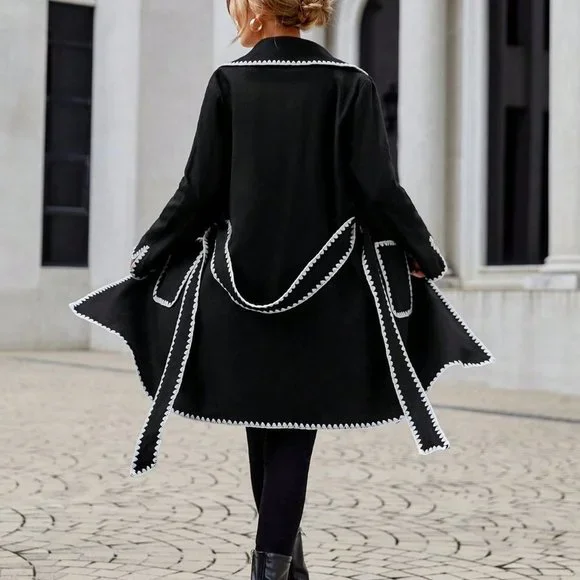 Black Elegant Womens  Contrast Binding Lapel Neck Belted Overcoat - Picture 4 of 5
